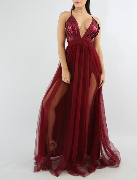 Burgundy Sequin Sheer Mesh Maxi Dress Lexie Starr Style Burgundy Sequin Sheer Mesh Maxi Dress Lexie Starr Style