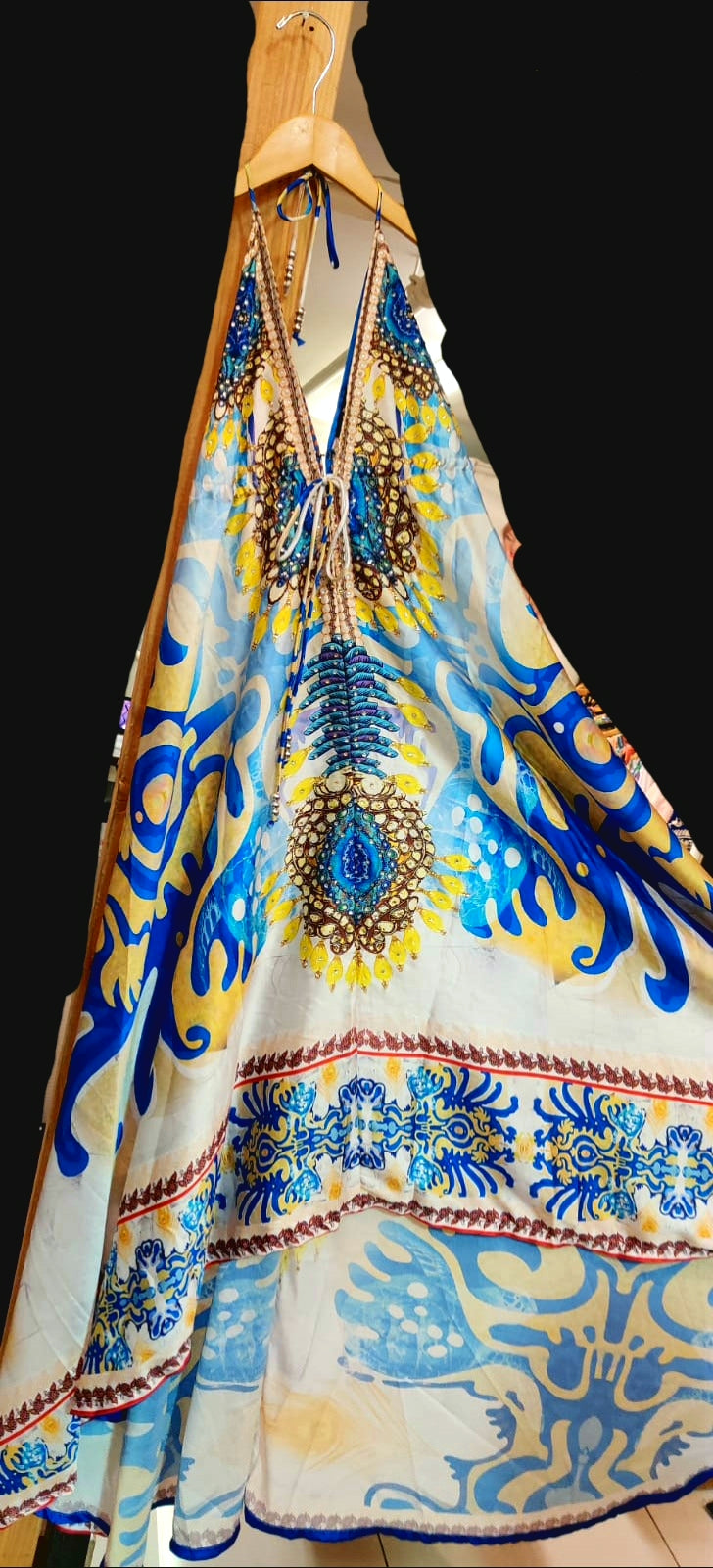 Blue White Exotic Print Handkerchief Maxi Dress