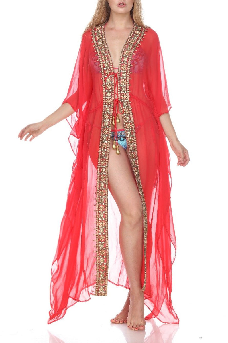 Long Sheer Red Beaded Cover Up
