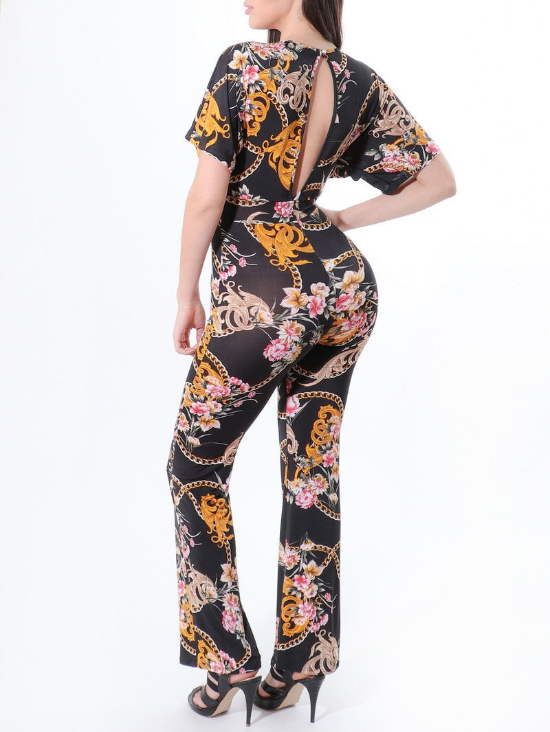 Wide Short Sleeve Chain Printed Jumpsuit