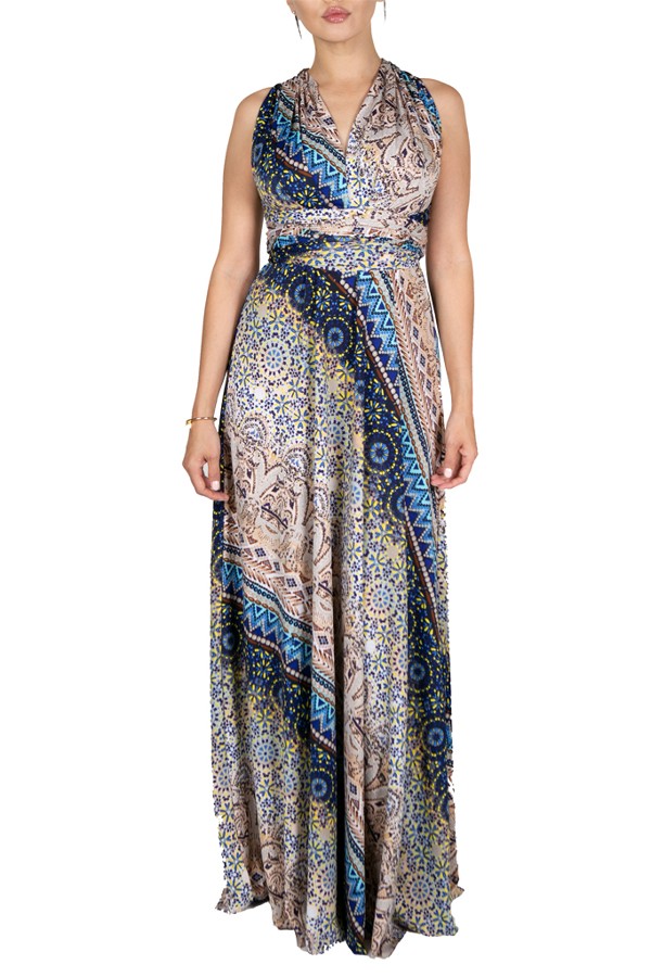 Tan Blue Yellow Unique Print Multi Style Convertible Maxi Dress