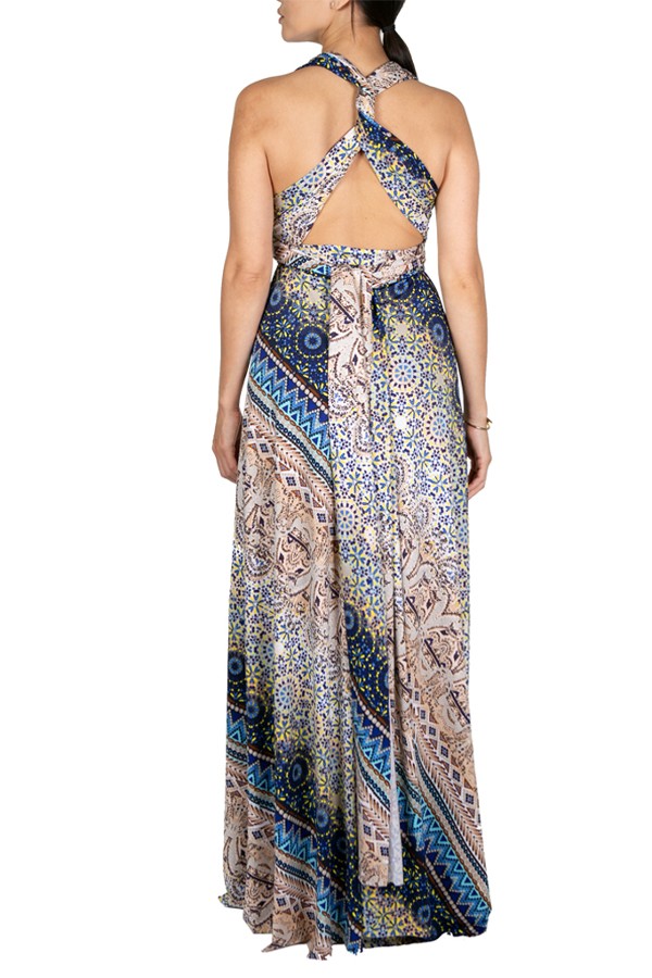 Tan Blue Yellow Unique Print Multi Style Convertible Maxi Dress