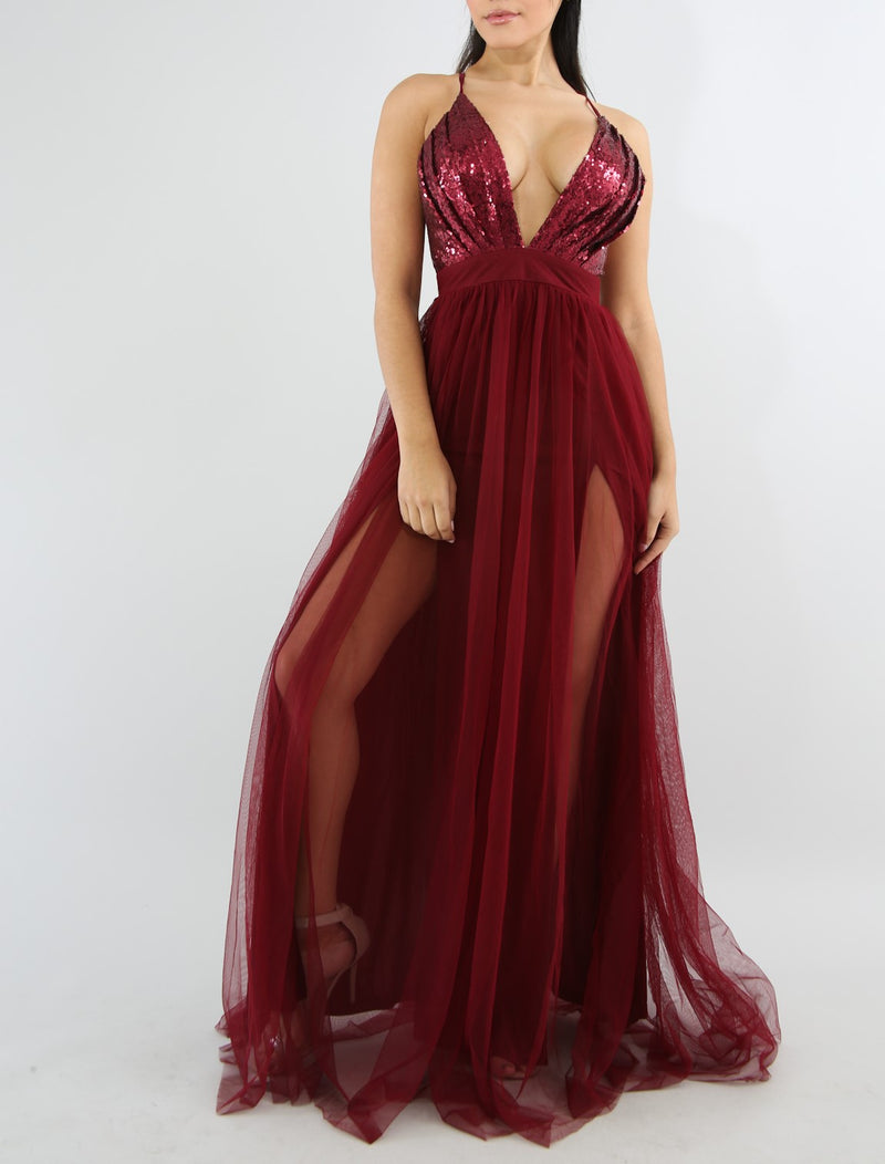Burgundy Sequin Sheer Mesh Maxi Dress