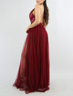 Burgundy Sequin Sheer Mesh Maxi Dress