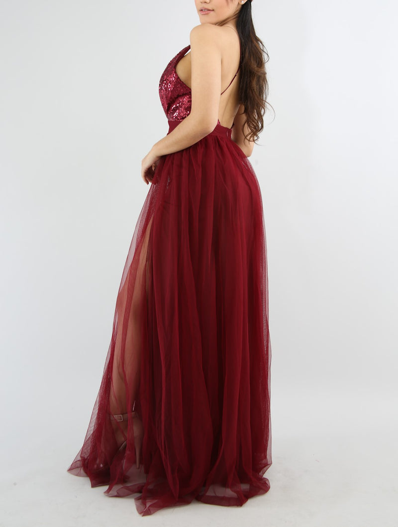 Burgundy Sequin Sheer Mesh Maxi Dress