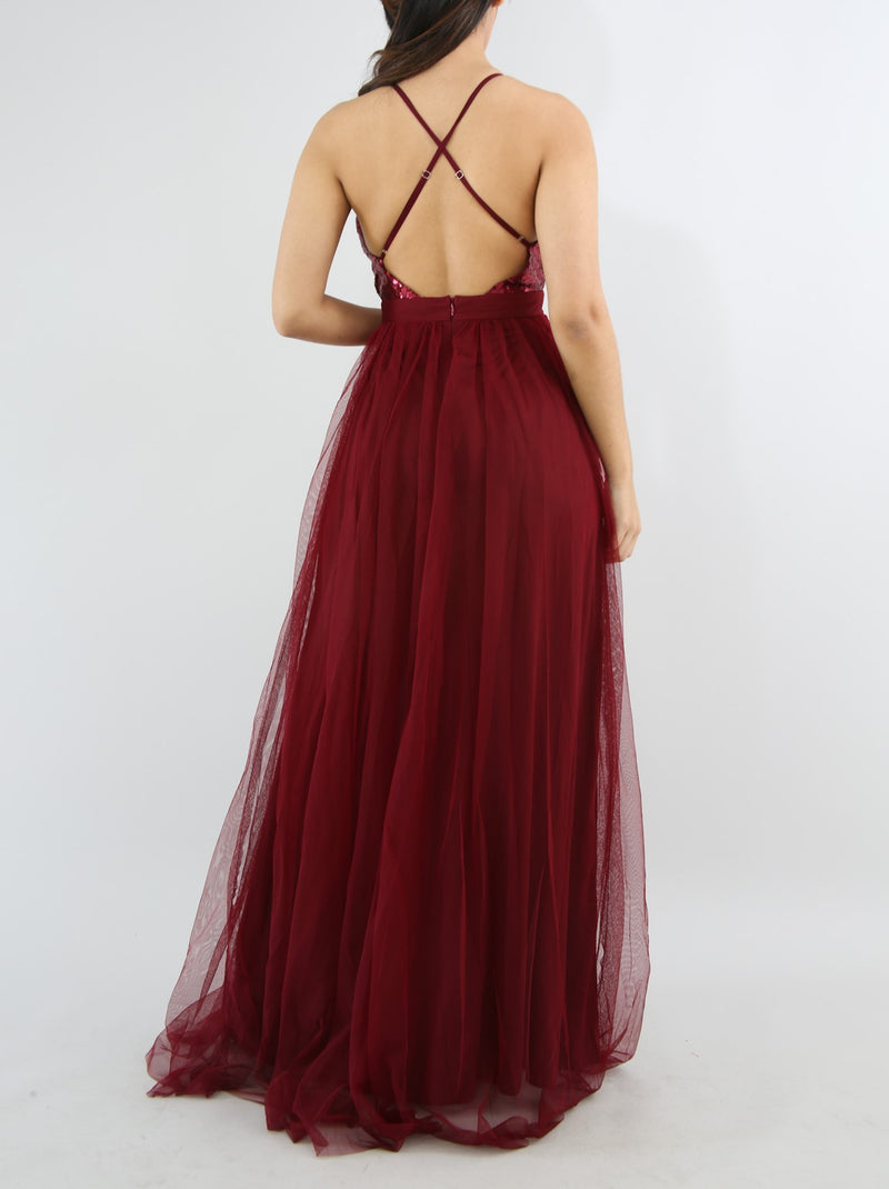 Burgundy Sequin Sheer Mesh Maxi Dress
