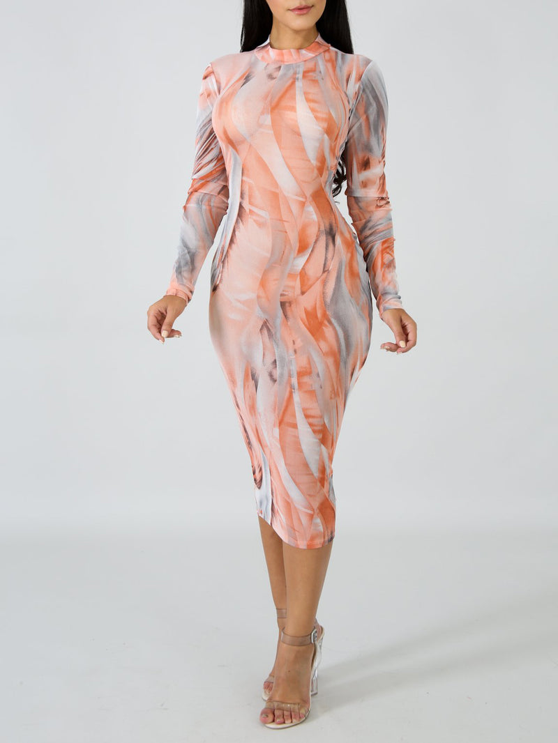 Sheer Peachy Mock Neck Bodycon Dress