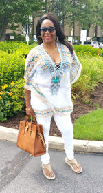 Printed Embellish Short White Kaftan