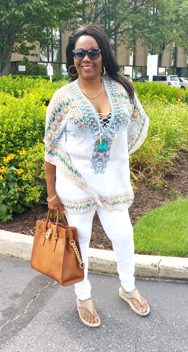 Printed Embellish Short White Kaftan