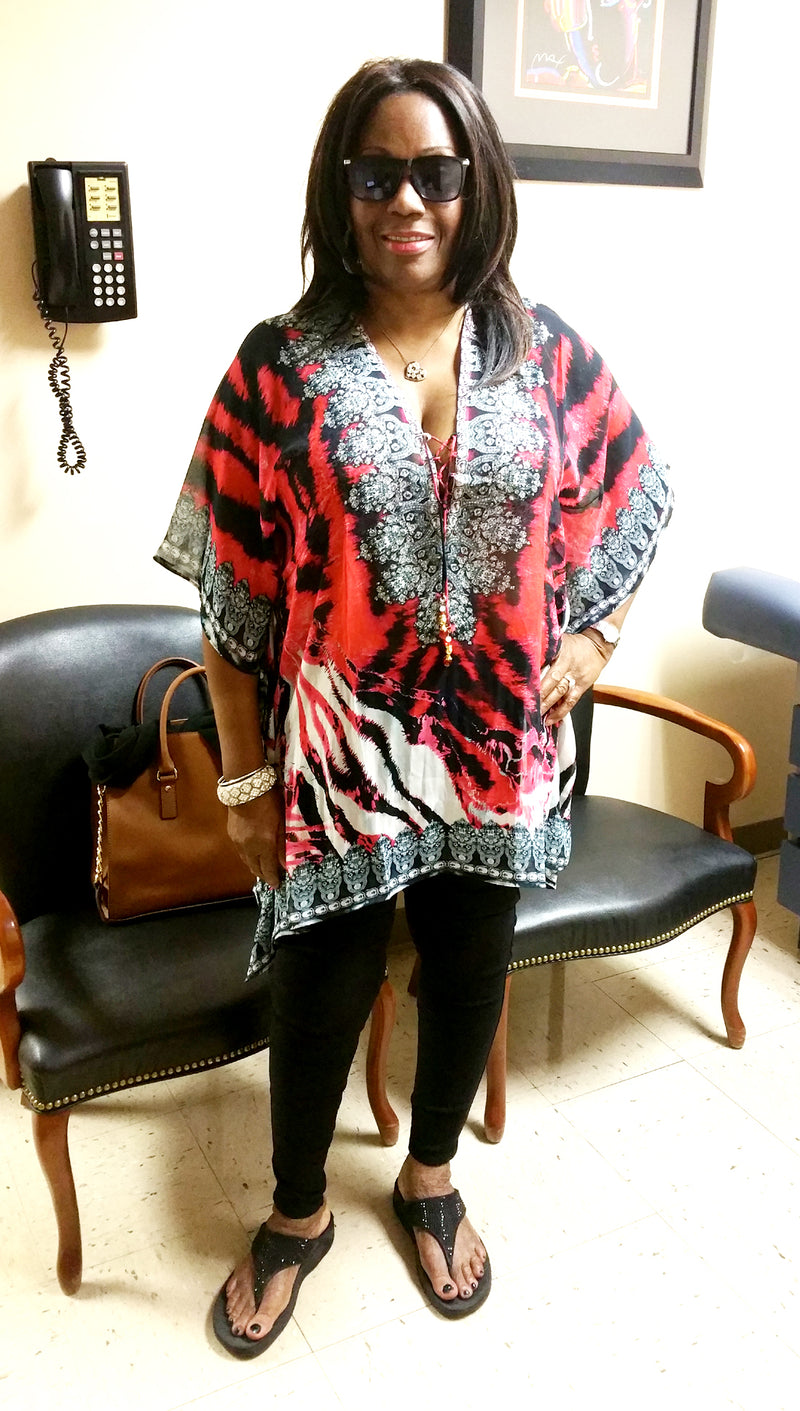 Kaftan Corto Rojo Embellish Estampado