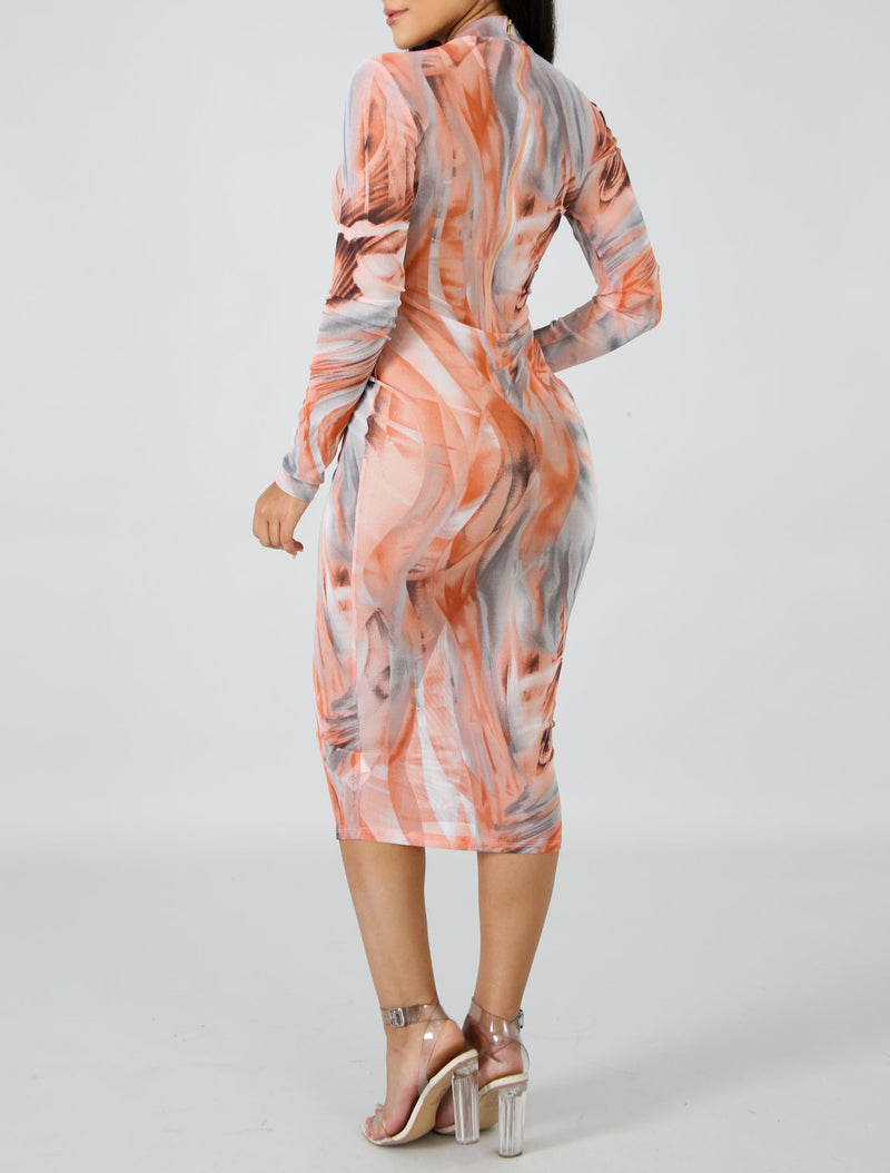 Sheer Peachy Mock Neck Bodycon Dress