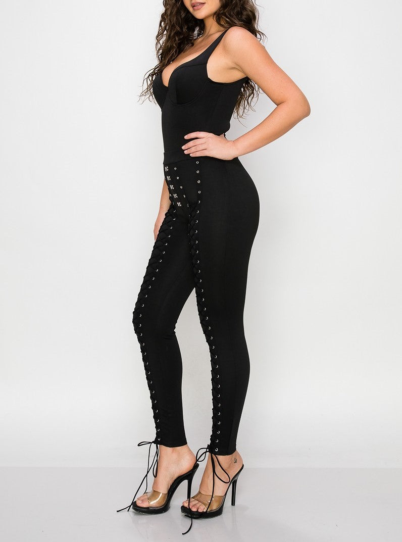 Black 2 Piece Sleeveless Bodysuit and Leggings Set