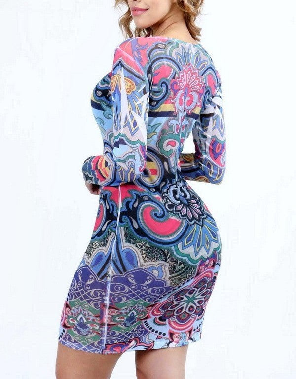 Colorful Print Sheer Mesh Floral Dress