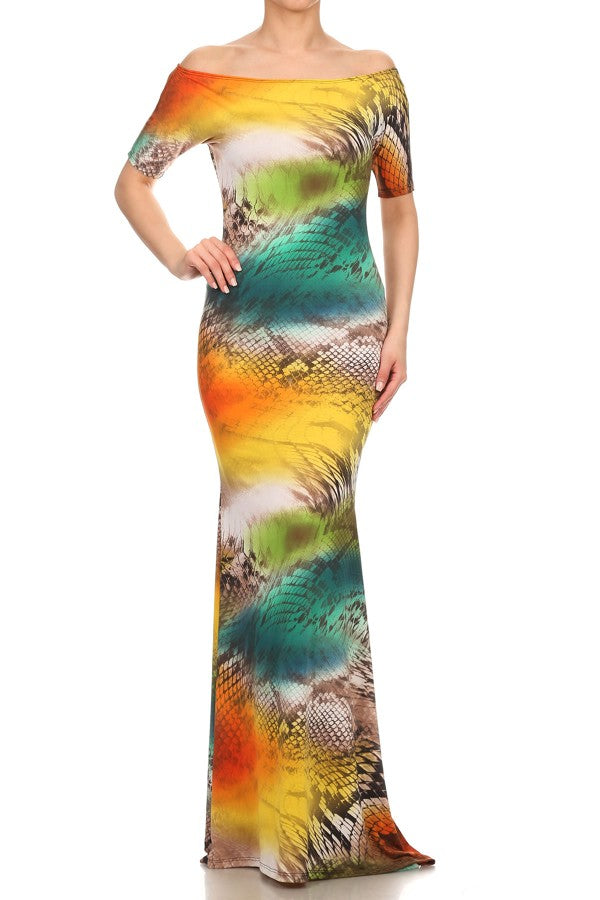 Vestido multicolor de sirena con hombros descubiertos
