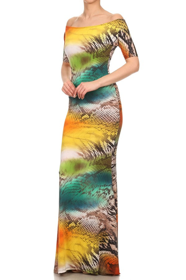 Vestido multicolor de sirena con hombros descubiertos