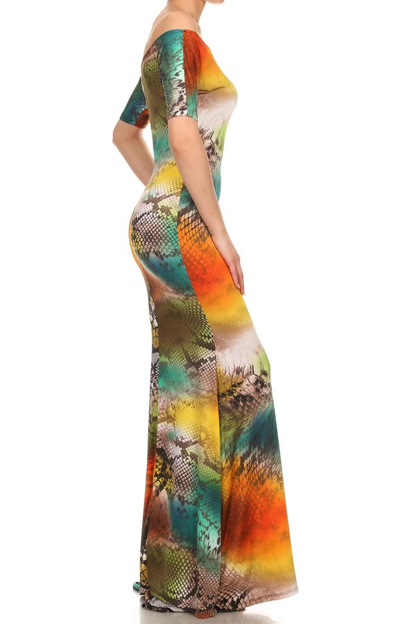 Vestido multicolor de sirena con hombros descubiertos