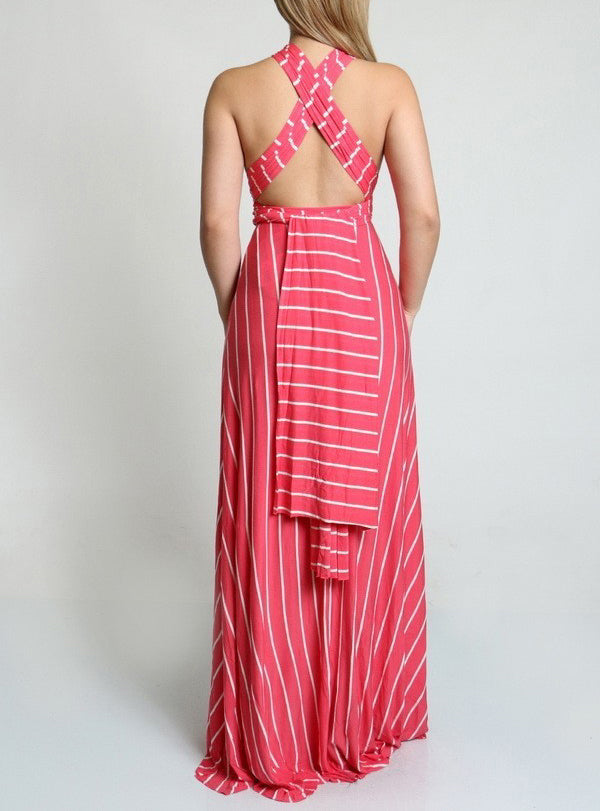 Vestido Maxi Convertible Multi Estilo A Rayas Rosa Coral