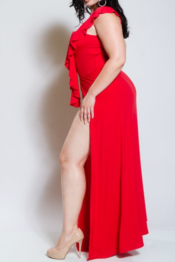 Plus Size Ruffled Front Slit Maxi Dress