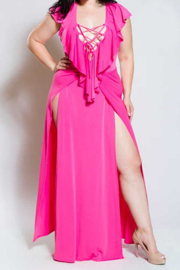 Plus Size Ruffled Front Slit Maxi Dress