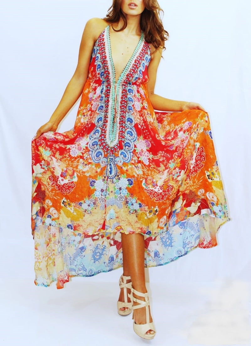 Orange Floral Exotic Print Handkerchief Maxi Dress