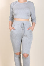 Long Sleeve Crop Top Knee Cut Out Sweatpants Set