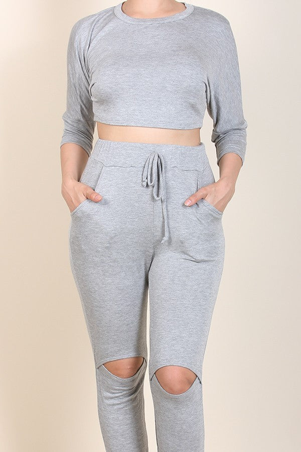 Long Sleeve Crop Top Knee Cut Out Sweatpants Set