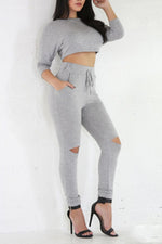 Long Sleeve Crop Top Knee Cut Out Sweatpants Set