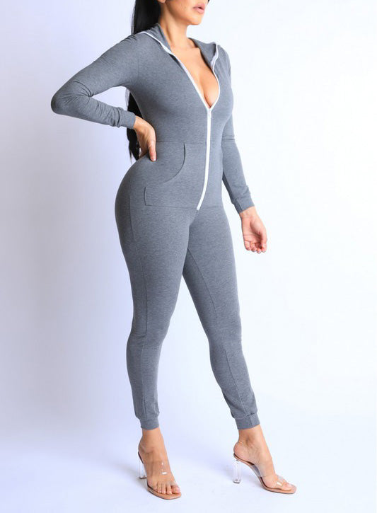 Charcoal Zip Up Hooded Jumpsuit