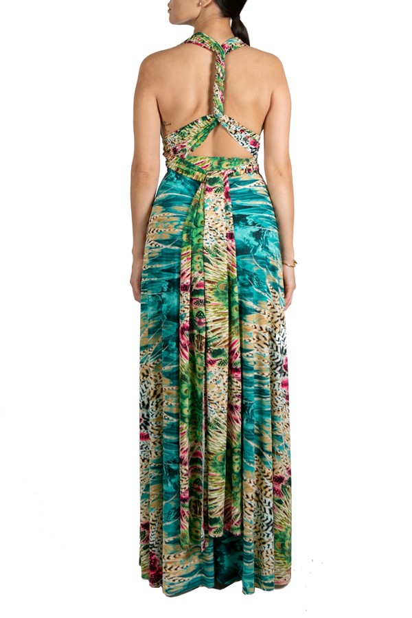 Vestido largo convertible estilo multicolor con estampado floral verde menta